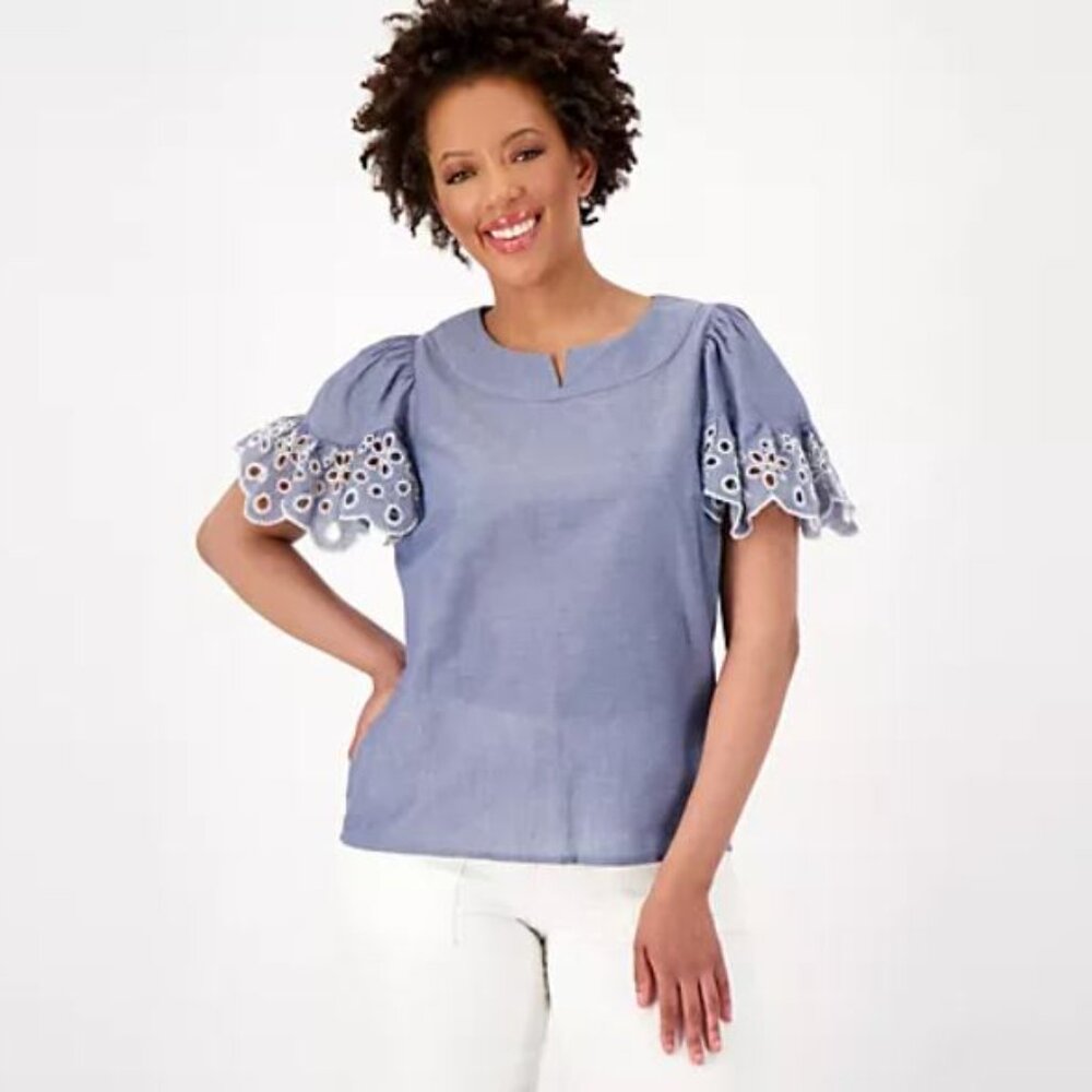 Isaac Mizrahi Live! Cotton Lawn Split Neck Embroidered Blouse-Medium Chambray-M